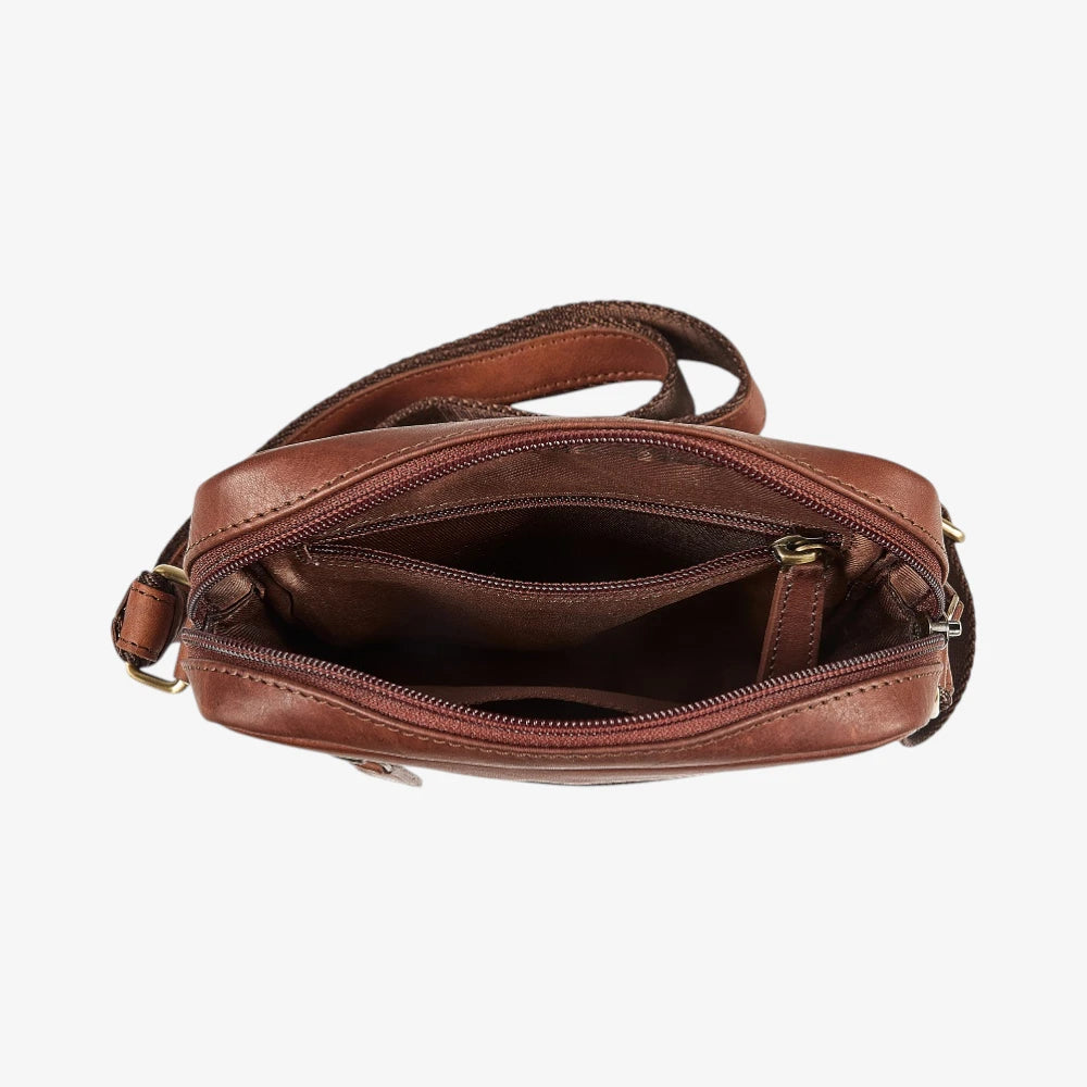 Brown leather handbag with gold zipper on a white background