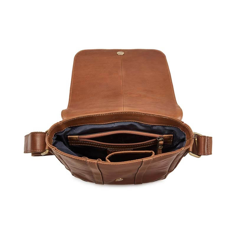 Brown leather bag with open front pocket on a white background