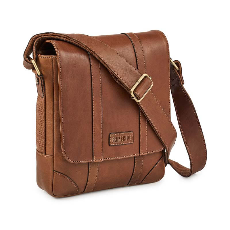 Brown leather shoulder bag with a visible brand logo on a white background
