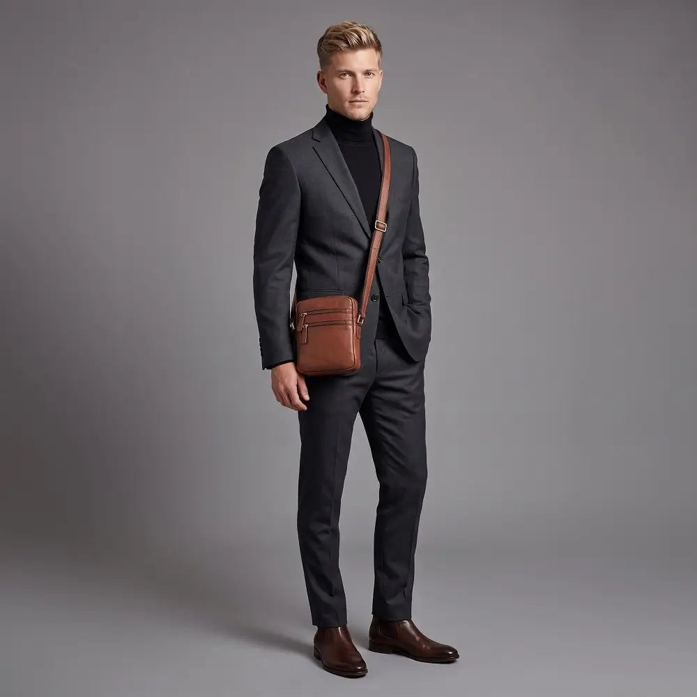 Man in a gray suit with a brown leather bag on a gray background