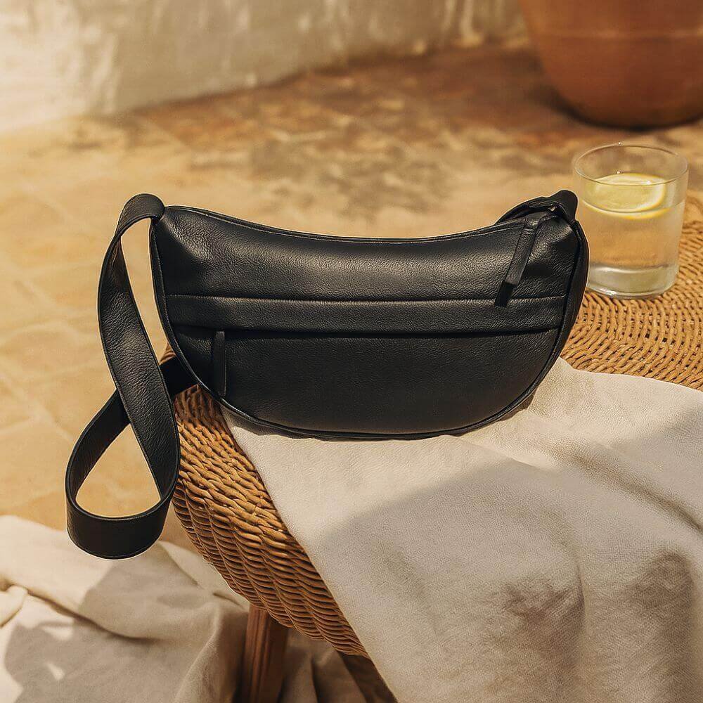 Soft Leather Halfmoon Sling Bag Black