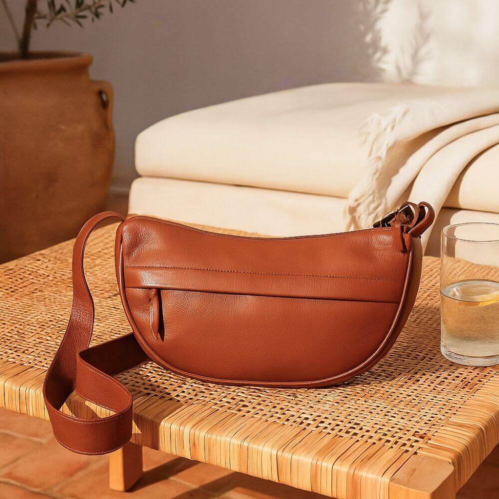 Soft Leather Halfmoon Sling Bag Tan (2)