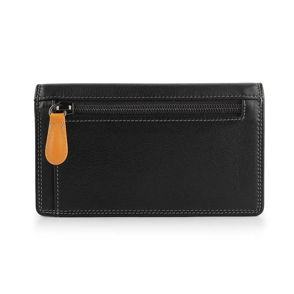 Black leather wallet with a brown zipper pull on a white background