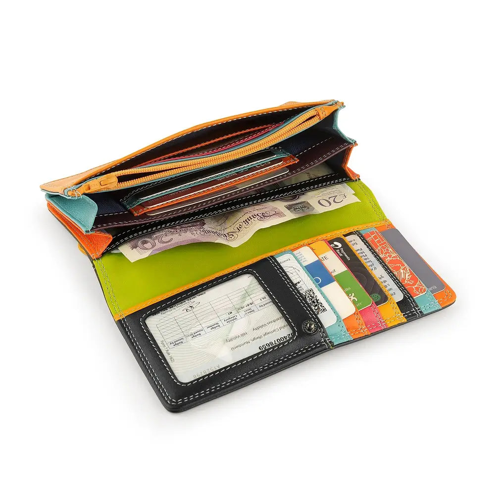 Black Open wallet with various cards and money on a white background