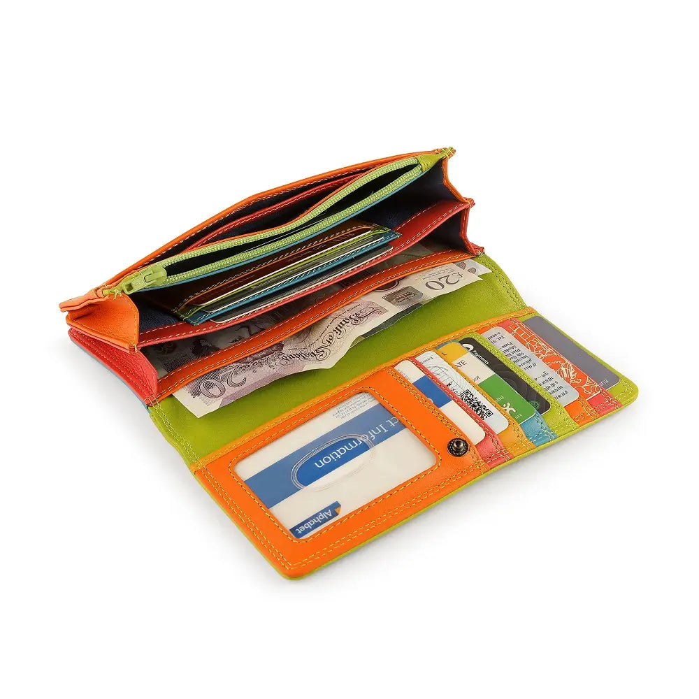 Green Open wallet with various cards and money on a white background