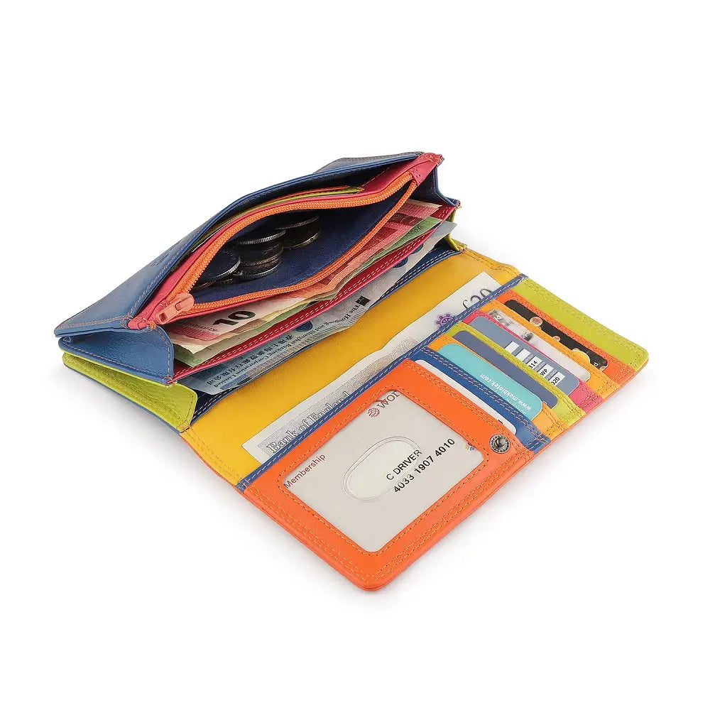 Orange Open wallet with various cards and money on a white background