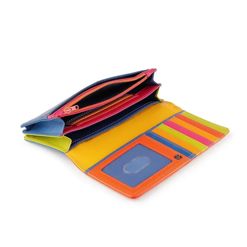 Orange leather clutch purse wallet with card slots on a white background