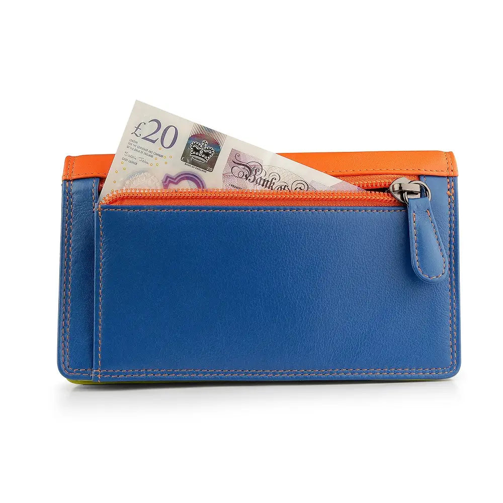 Back view of  orange wallet  with blue zipper containing British pound notes on a white background