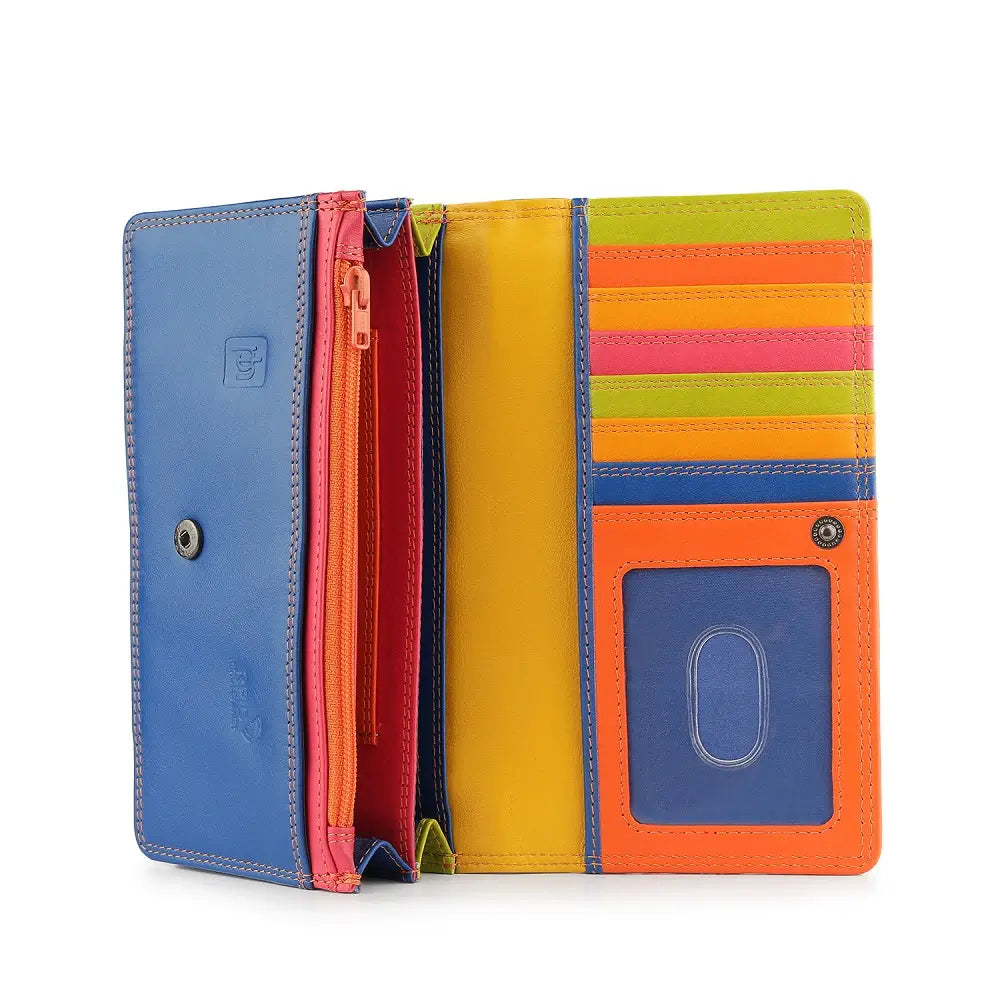 Orange Soft Leather Clutch Purse with blue, orange, pink, and greeen sections on a white background