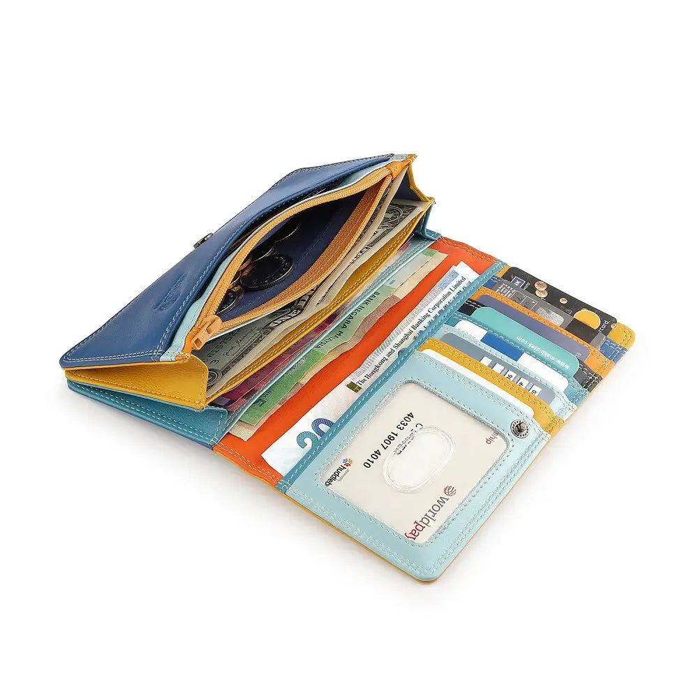 Yellow Open wallet with various cards and money on a white background