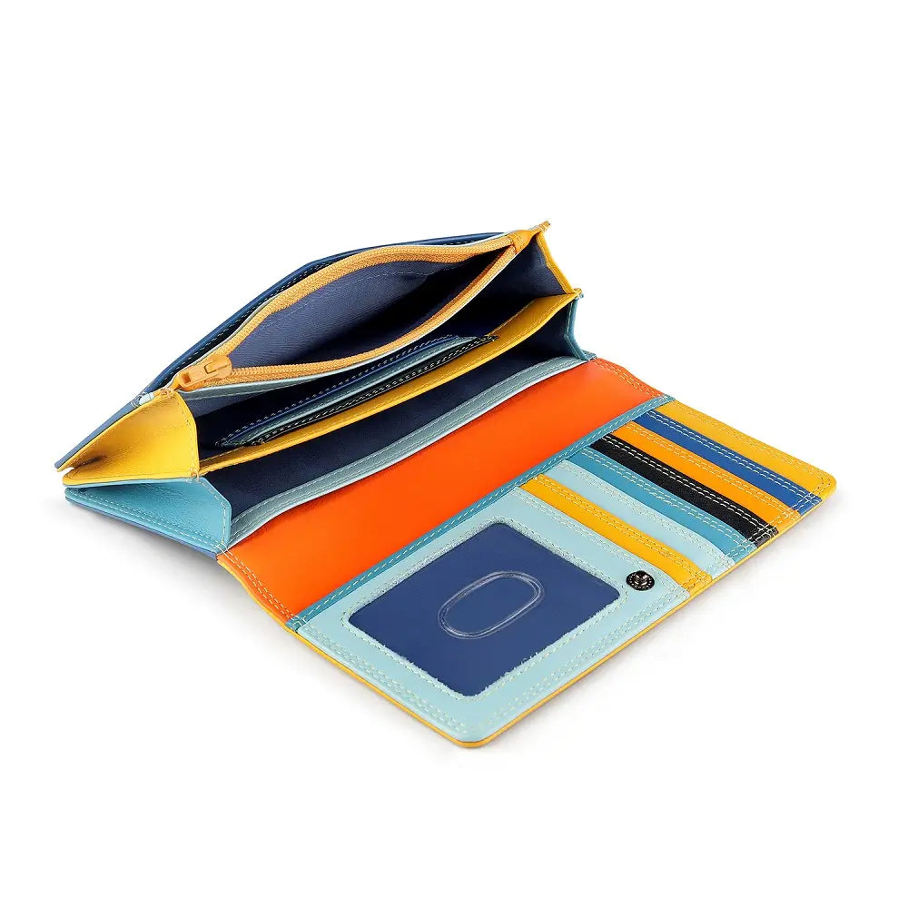 Yellow leather clutch purse wallet with card slots on a white background