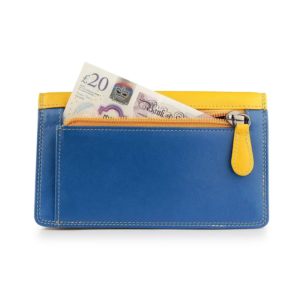 Back view of  yellow wallet  in Blue colour with yellow zipper containing British pound notes on a white background