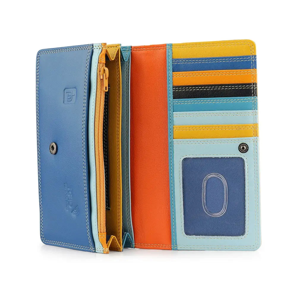 Yellow Soft Leather Clutch Purse with blue, orange, and yellow sections on a white background