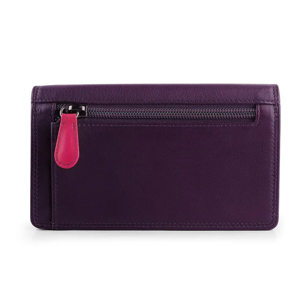 Purple leather wallet with a pink zipper pull on a white background