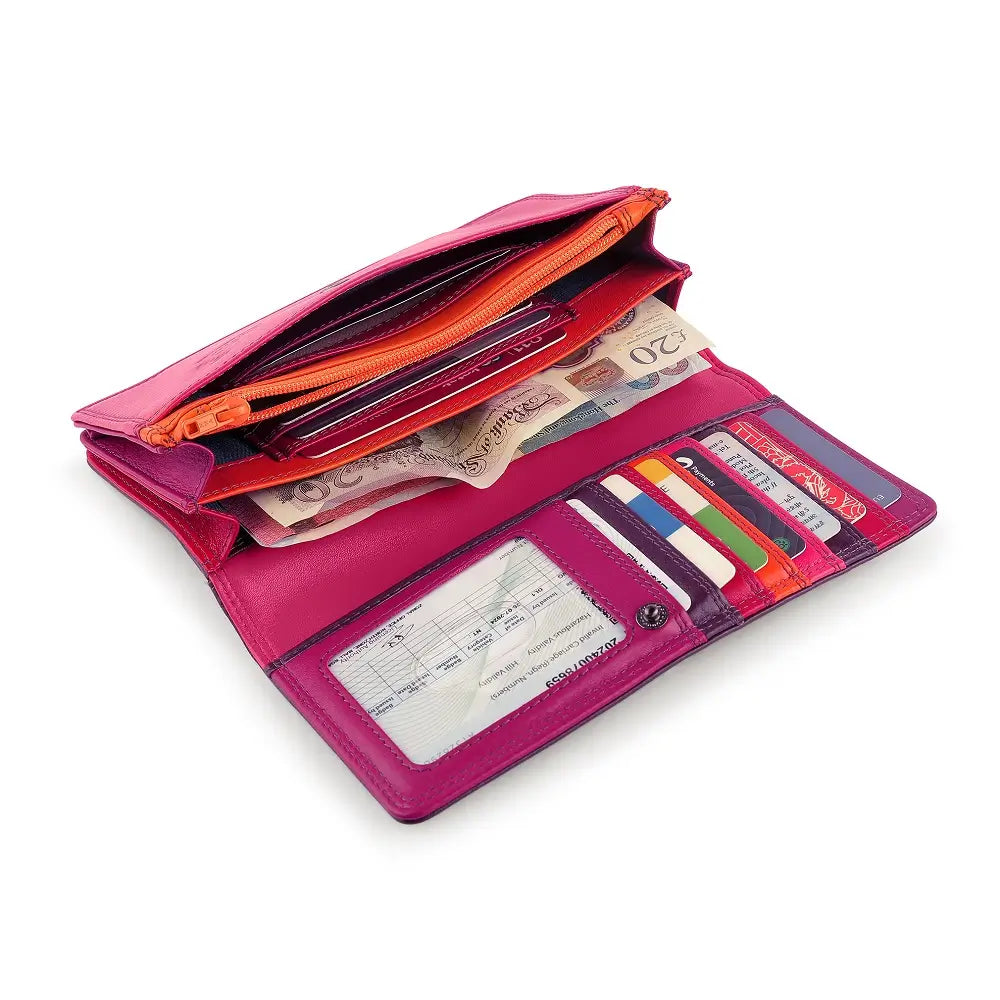 Purple Open wallet with various cards and money on a white background