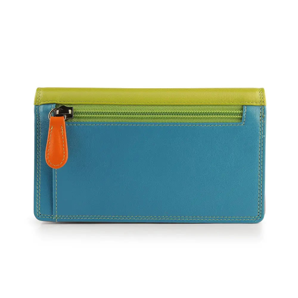 Green leather wallet with a orange zipper pull on a white background