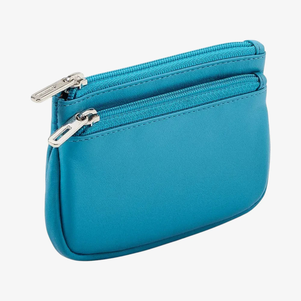 Torquised Leather Double Zip Coin Purse Front View 
