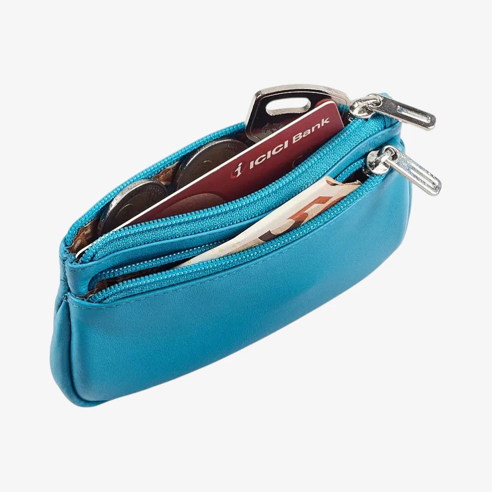 Torquised Leather Double Zip Coin Purse Open Compartments