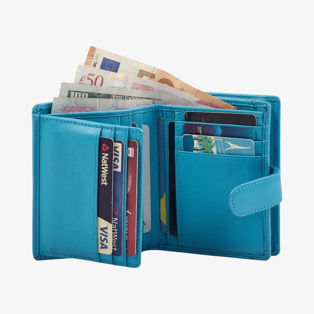 Real leather ladies trifold wallet in turquoise with 13 card slots