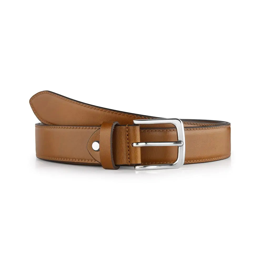 Tan leather belt with a silver buckle on a white background