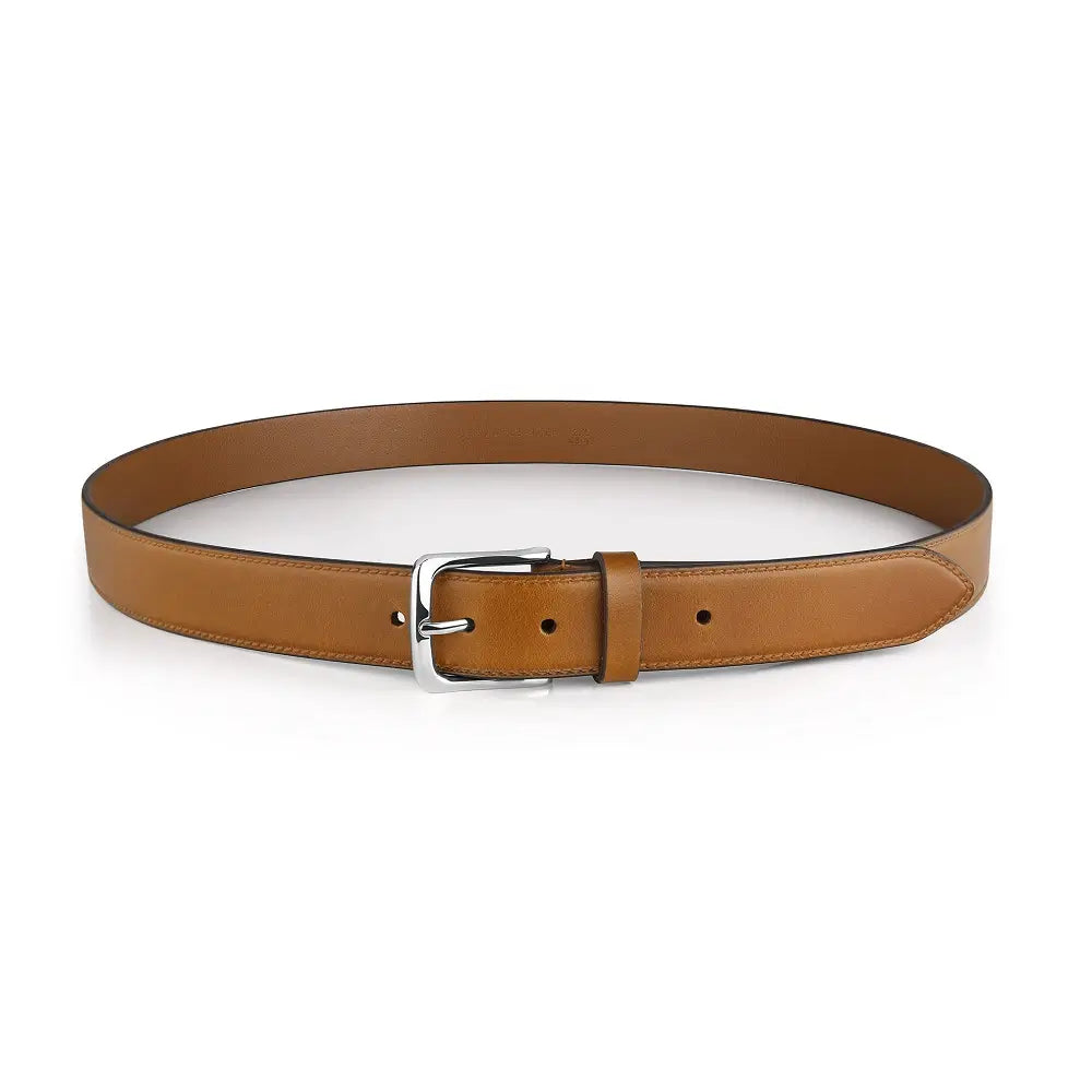 Tan leather belt with a silver buckle on a white background