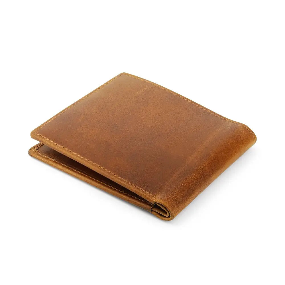 Tan leather wallet on a white background