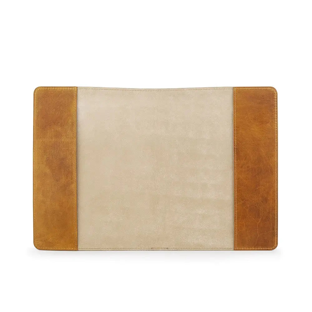 Beige and brown leather diary cover on a white background