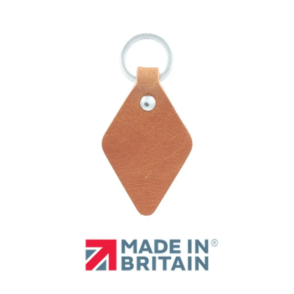 Tan leather keychain with 'Made in Britain' logo on a white background