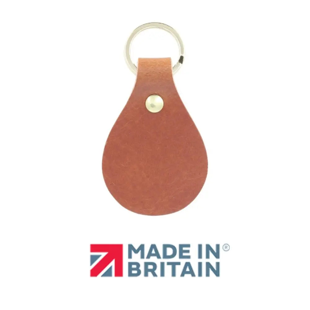 Tan leather keychain with 'Made in Britain' logo on a white background