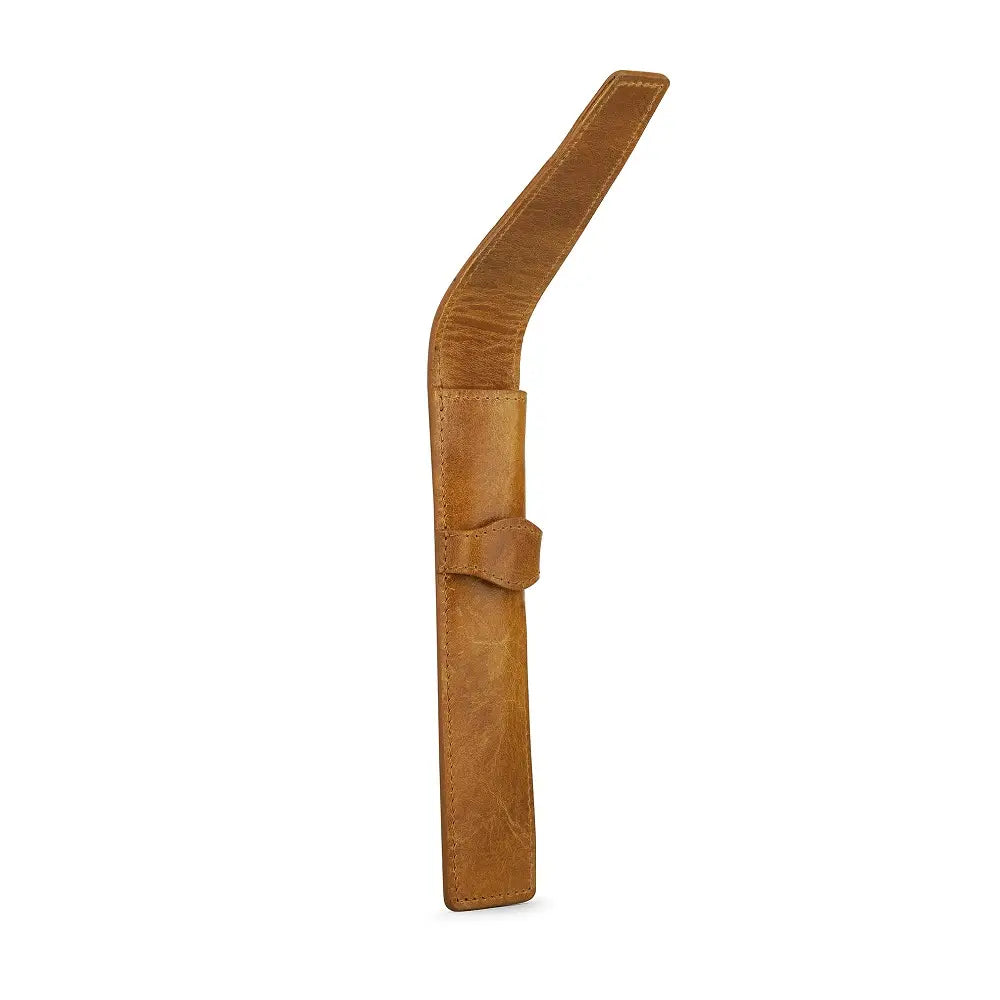Open view of Tan leather pen holder on a white background