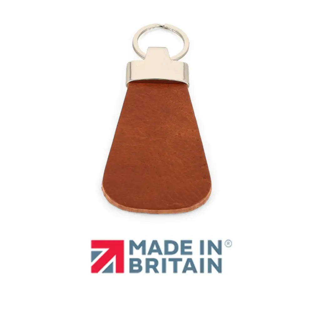 Tan leather keychain with silver ring on a white background, featuring 'Made in Britain' logo.