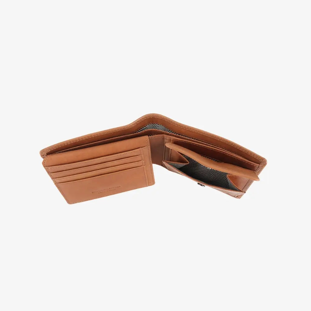 Tan leather wallet on a white background