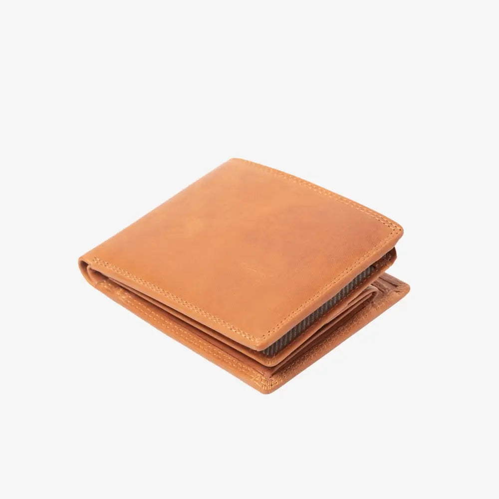 Top view of Tan leather wallet on a white background
