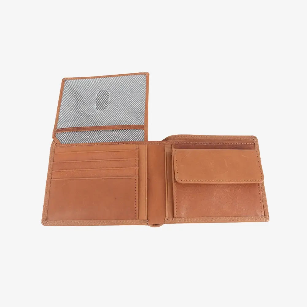 Tan leather wallet open on a white background