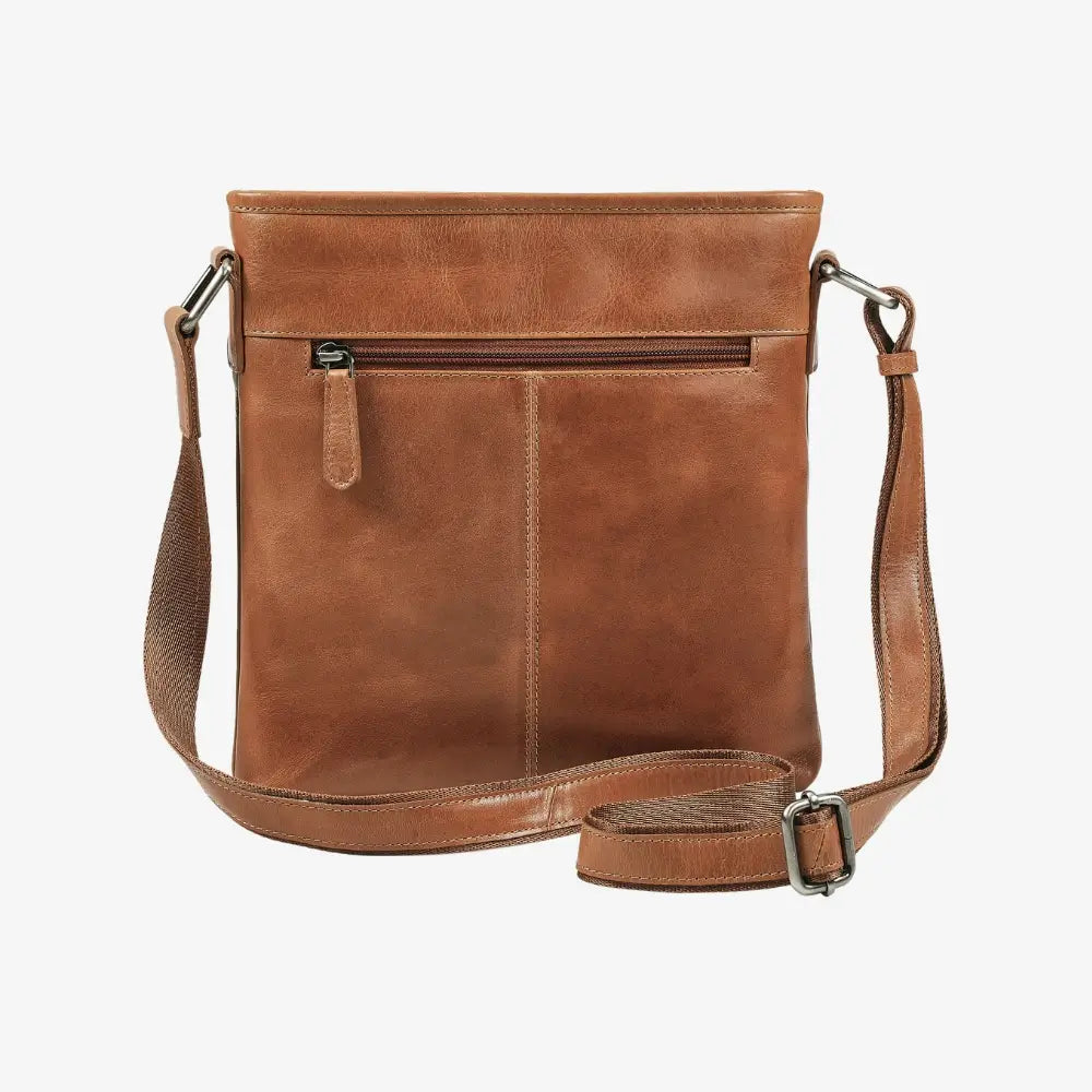 Tan leather crossbody handbag with secure zip closure