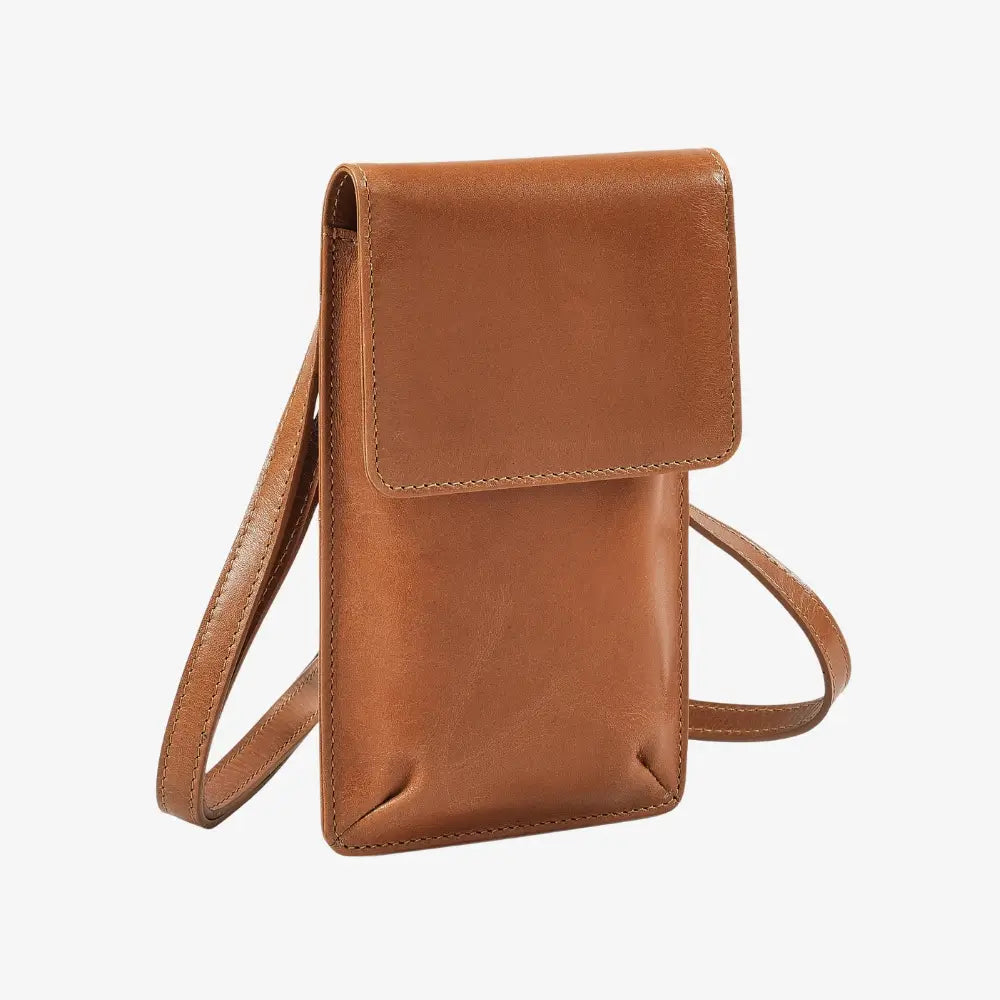 Tan leather phone purse for women with magnetic closure
