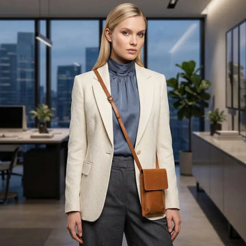 Woman in a professional setting wearing a beige blazer and holding a Tan bag.