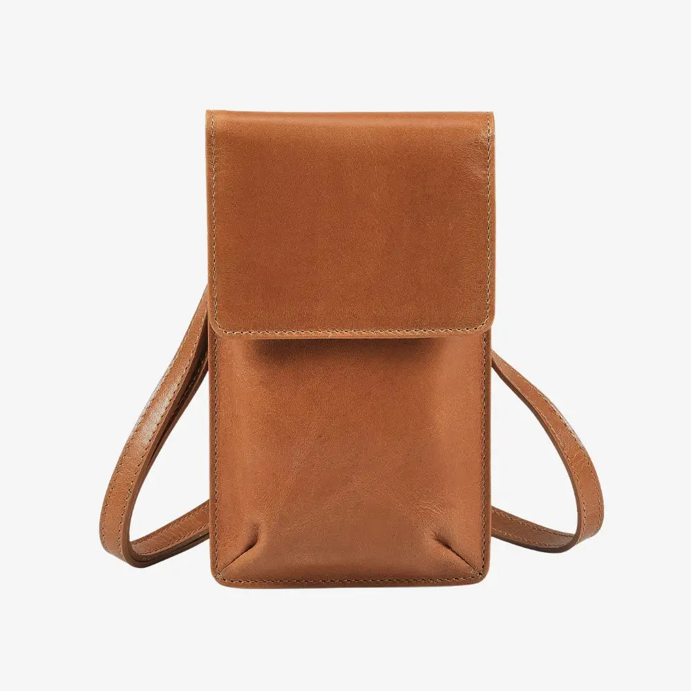 Velura real leather phone bag in tan with adjustable strap