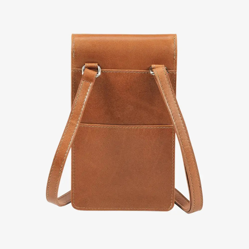 Compact tan leather phone holder with rear slip pocket 