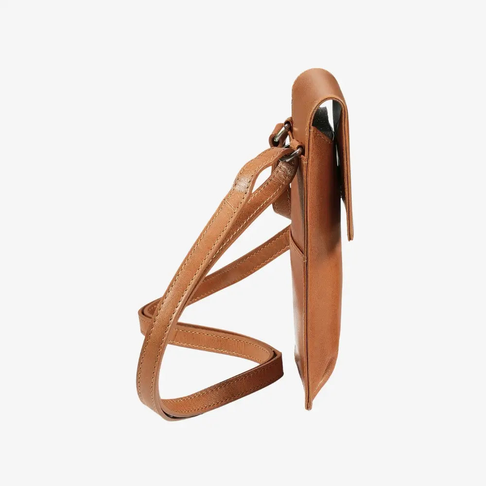Real leather phone bag in tan for travel and shopping