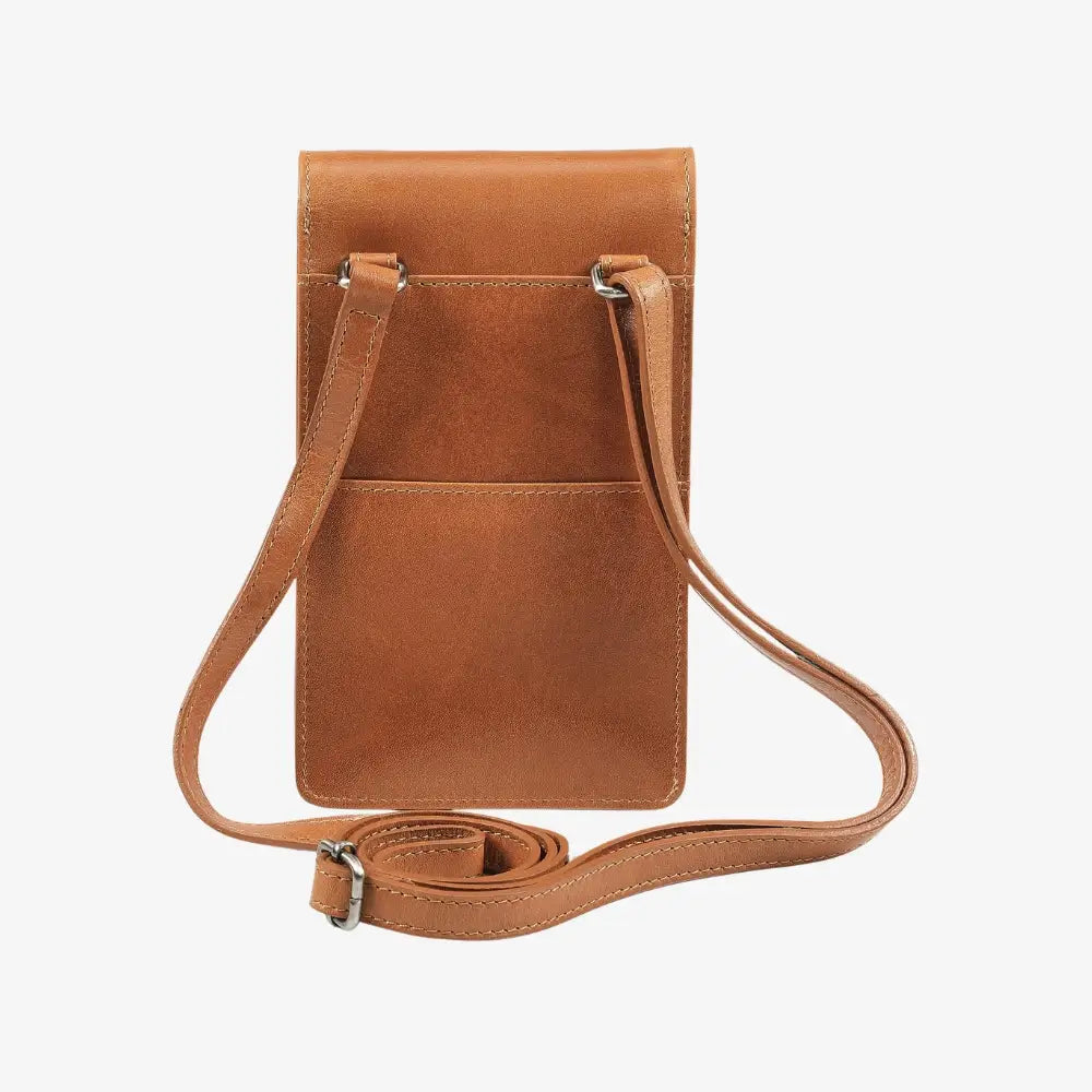 Compact tan leather phone holder with rear slip pocket