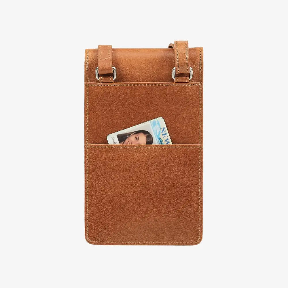 Tan leather phone pouch with a card pocket on a white background