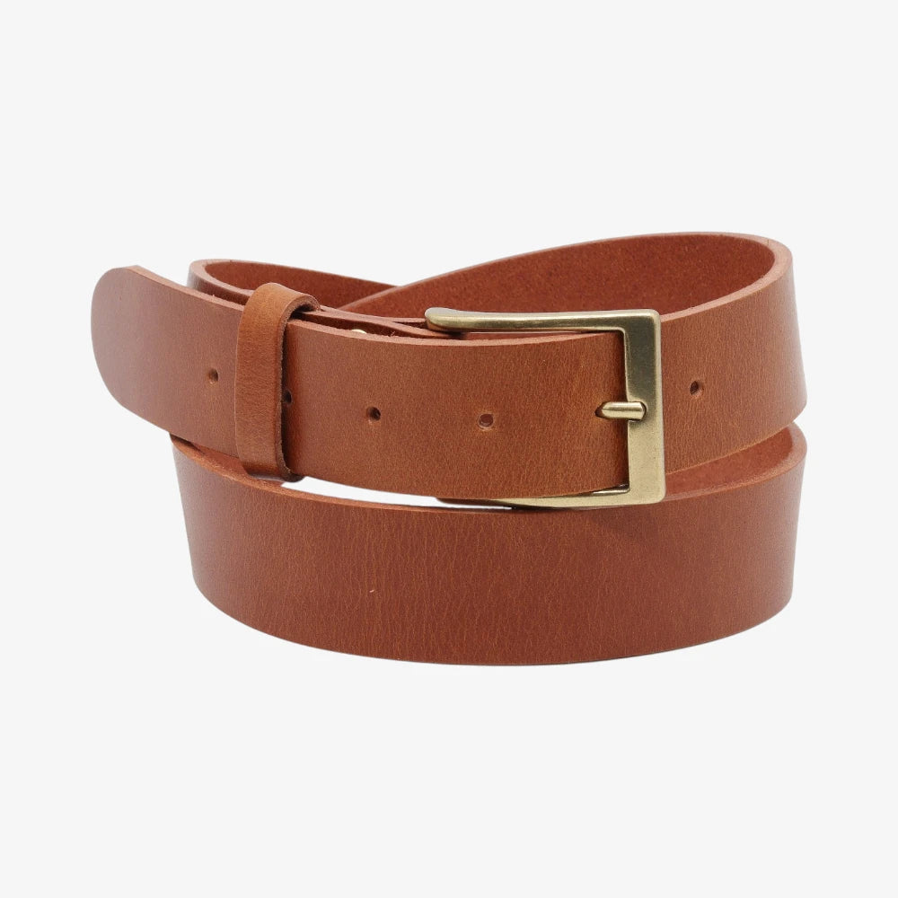 Tan leather belt with a gold buckle on a white background