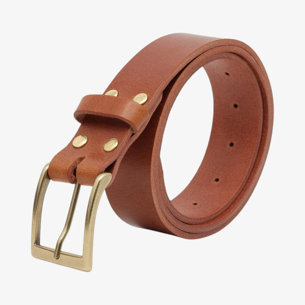 Tan leather belt with gold buckle on a white background