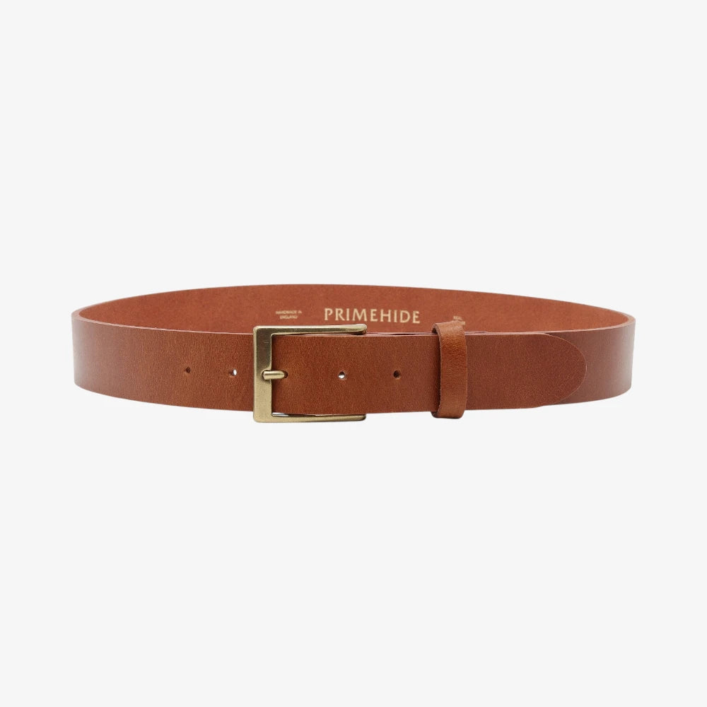 Full width view of Tan  leather belt with gold buckle on a white background