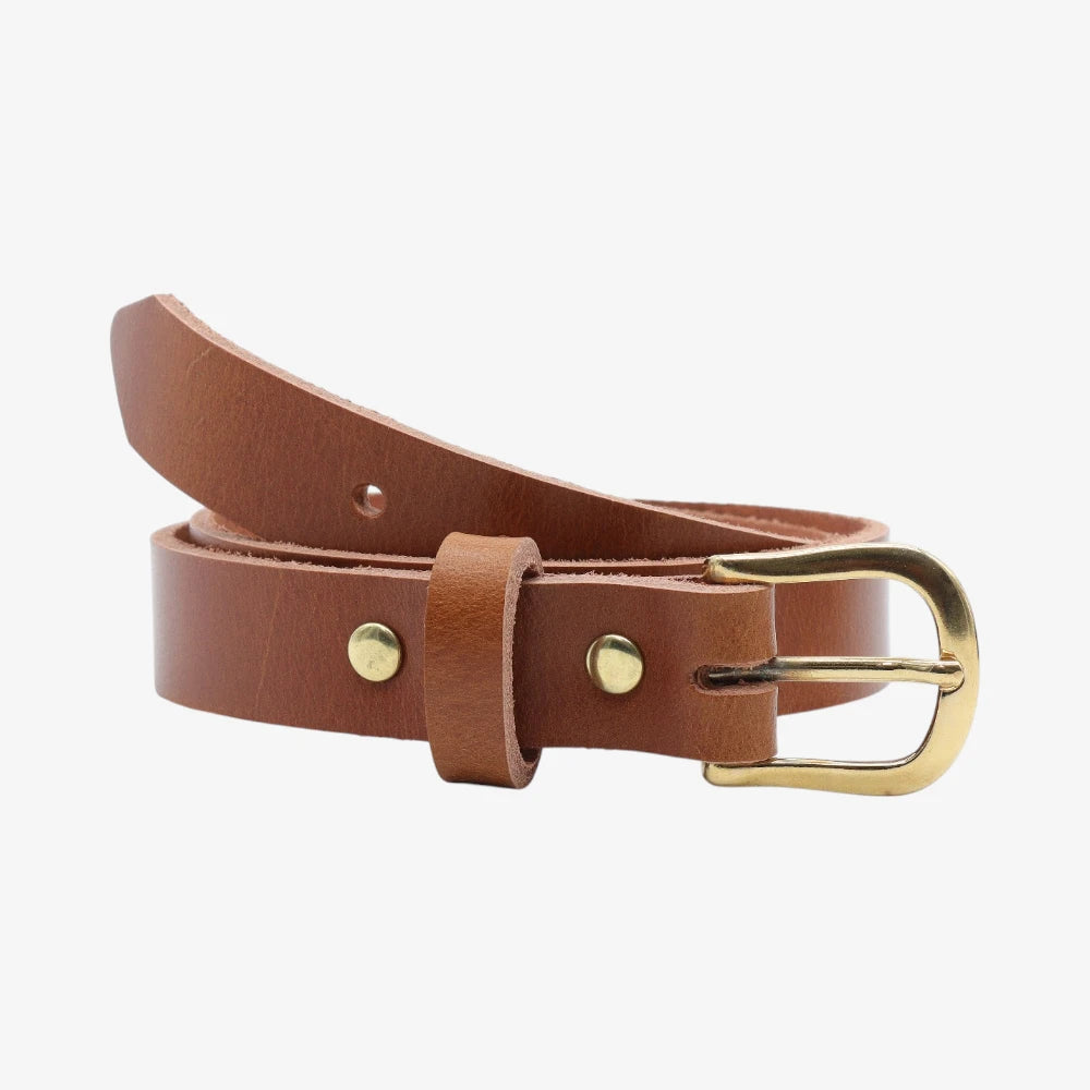 Front view of Tan leather belt with gold buckle on a white background