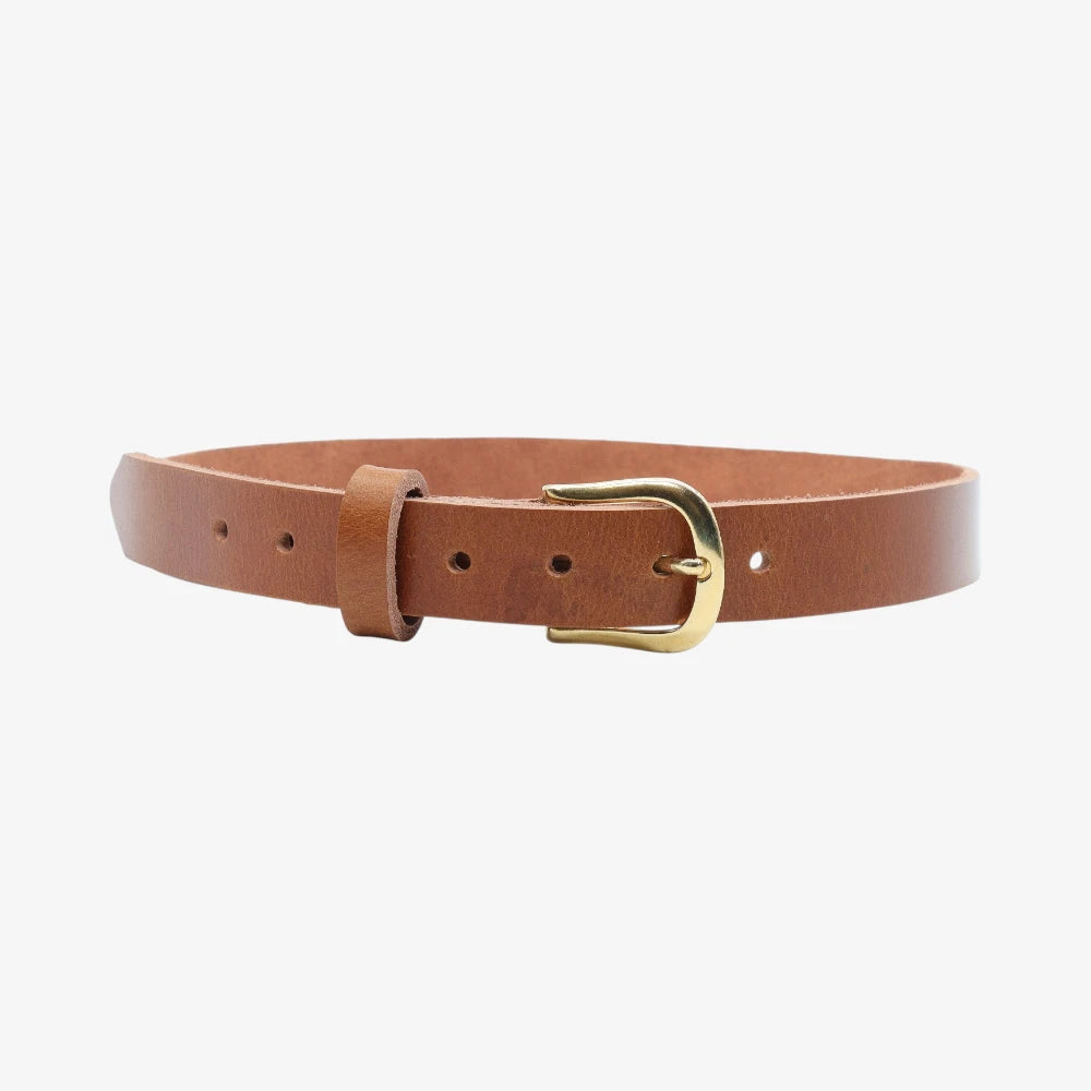 Full width view of Tan  leather belt with a gold buckle on a white background