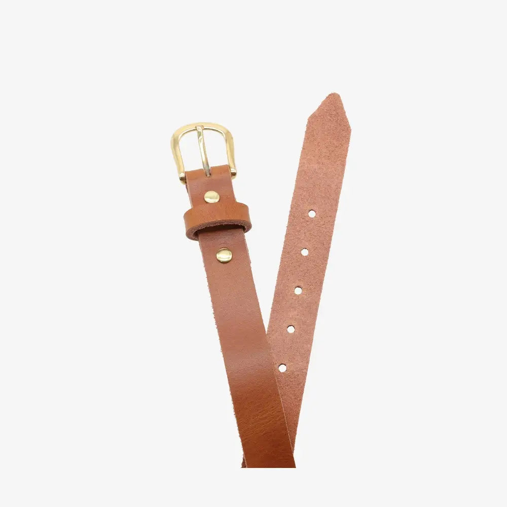 Top angle view of Tan leather belt with gold buckle on a white background