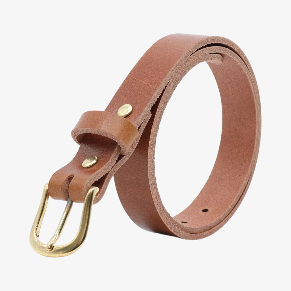 Tan leather belt with gold buckle on a white background