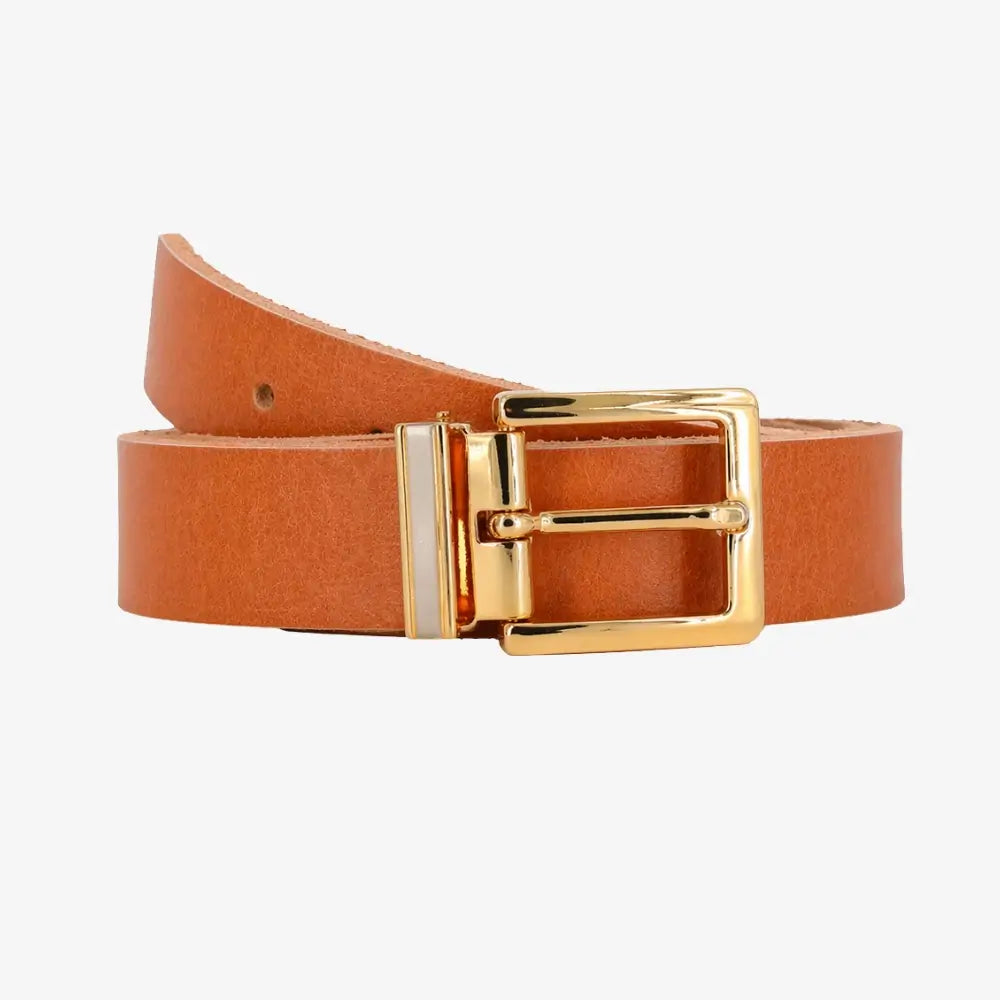 Front view of Tan leather belt with a gold buckle on a light gray background